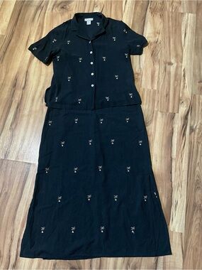 Simply Silk Vintage Black 2pc Silk Dress Set Palm Tree Embroidered M/L
